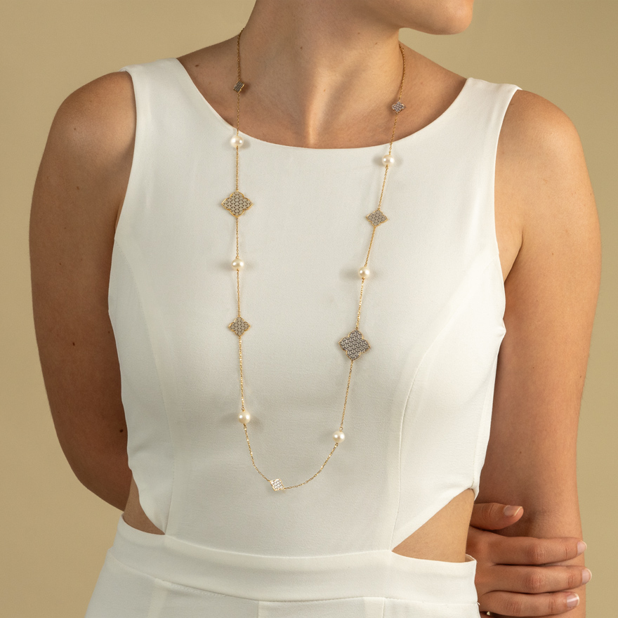 Arabesque Long Necklace with Pearls in 18K Gold